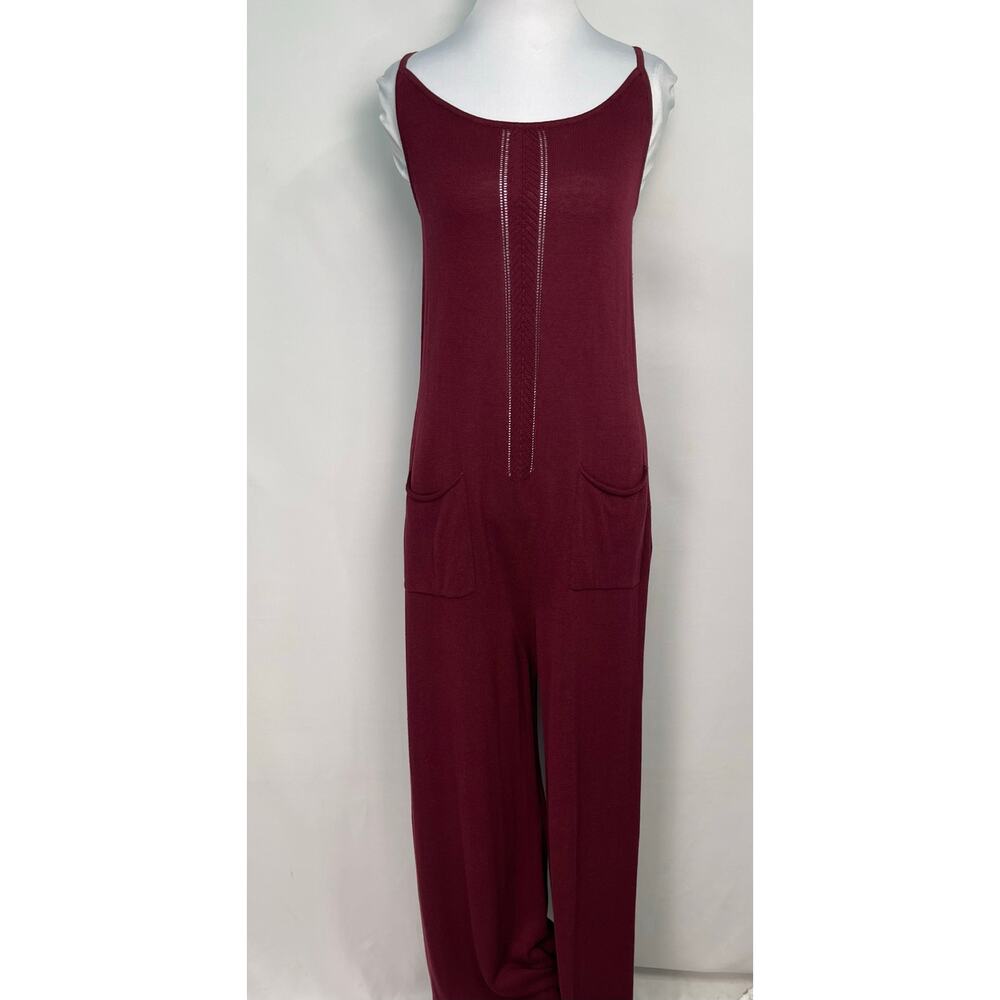 Anthropologie Burgundy Knit Sleeveless Wide Leg Jumpsuit With Pockets Size M - Picture 2 of 9